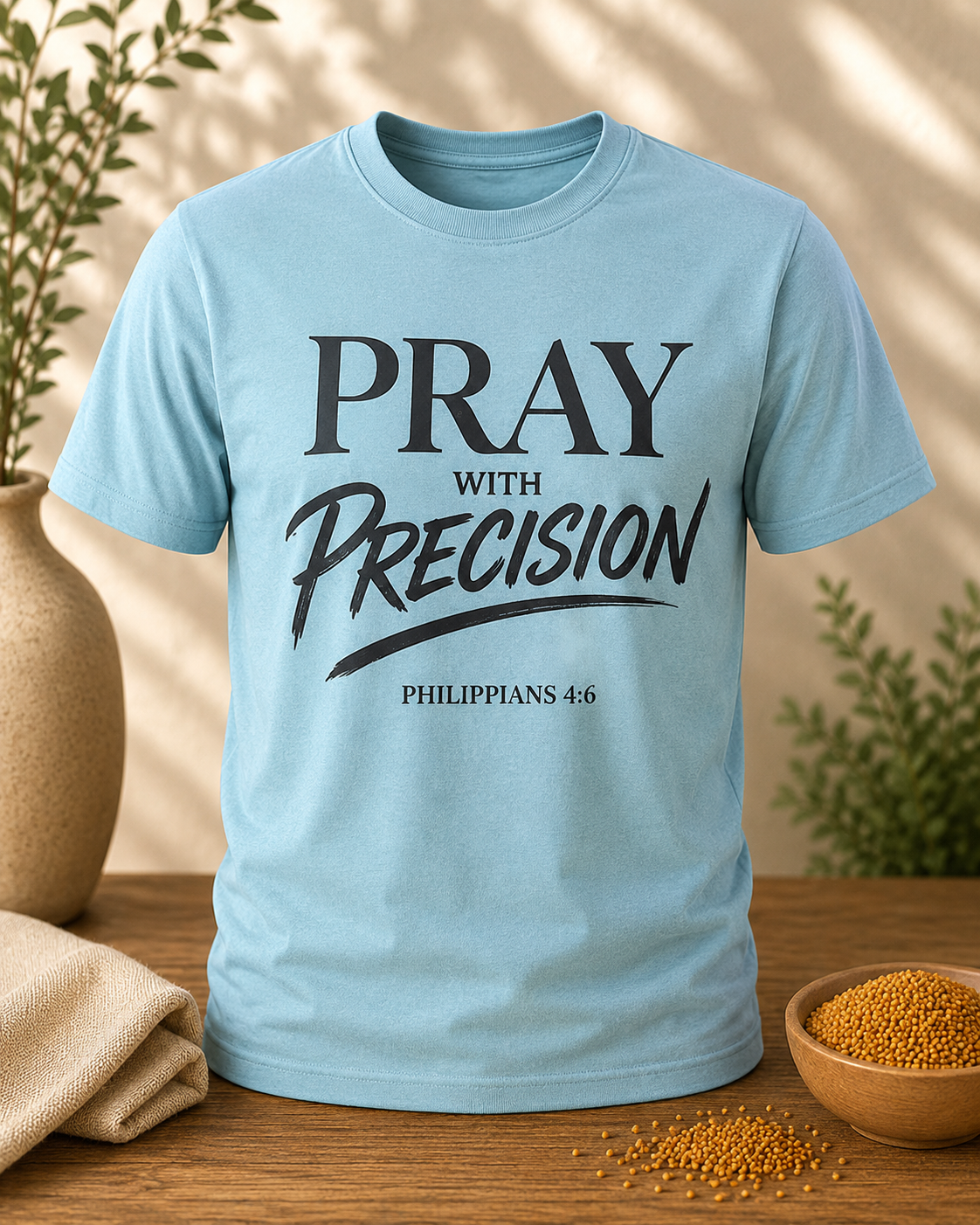 Pray With Precision – Philippians 4:6 Tee Heavenly Sky Blue