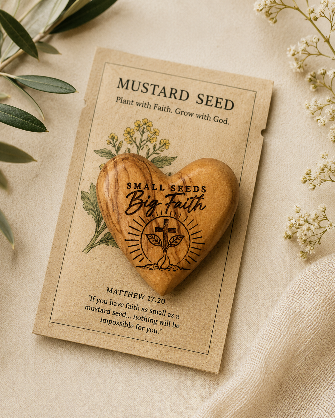 Small Seeds. Big Faith. Wood Pocket Heart